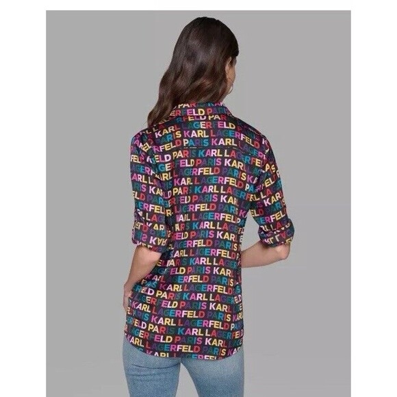 Karl Lagerfeld Paris Women’s Logo Multicolor Print Shirt Blouse Size3X - Picture 2 of 12